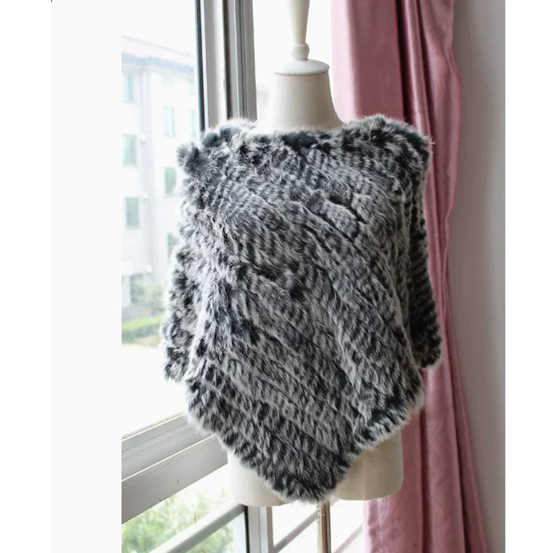 Real Rabbit Fur Knitted Natural Fur Poncho Vest Fashion Wrap Coat Shawl Lady Scarf Natural Wedding Party Cape