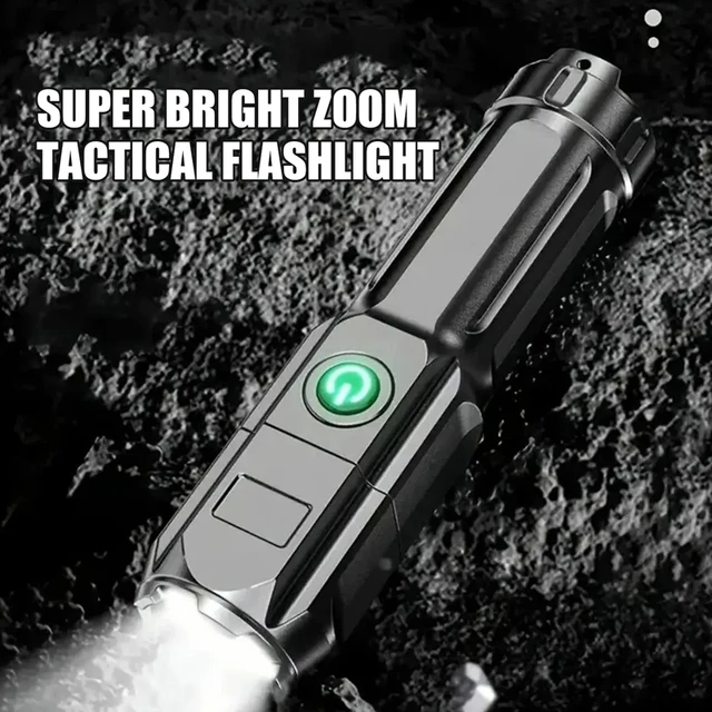 Powerful LED Flashlight Telescopic Zoom Tactical Torch USB Charging Spotlight 4 Lighting Mode Long-Range ABS Outdoor Flashlight