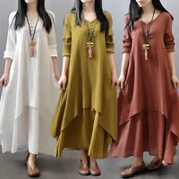 Summer Women Boho Vintage cotton and linen pocket dress Fake Two-piece Literary Irregular Large Swing Dress Robe double-layer