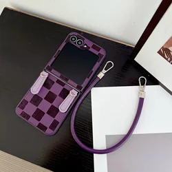 Plaid PU Leather Wrist Strap Shockproof Phone Case for Samsung Galaxy Z Flip 5 (Purple)