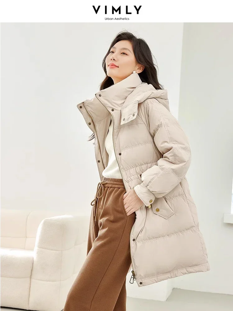 Vimly Black Hooded Zipper Duck Down Jackets 2023 Winter Stand Collar Windproof Thick Warm Long Sleeve Woman Coat Outerwear 50610