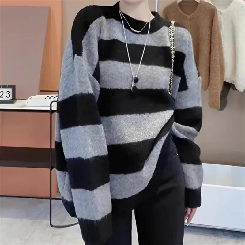 

2023 Autumn Winter New Simple Round Neck Women Sweater Fashion Contrast Stripe Pullover Casual Loose Female Knit Tops