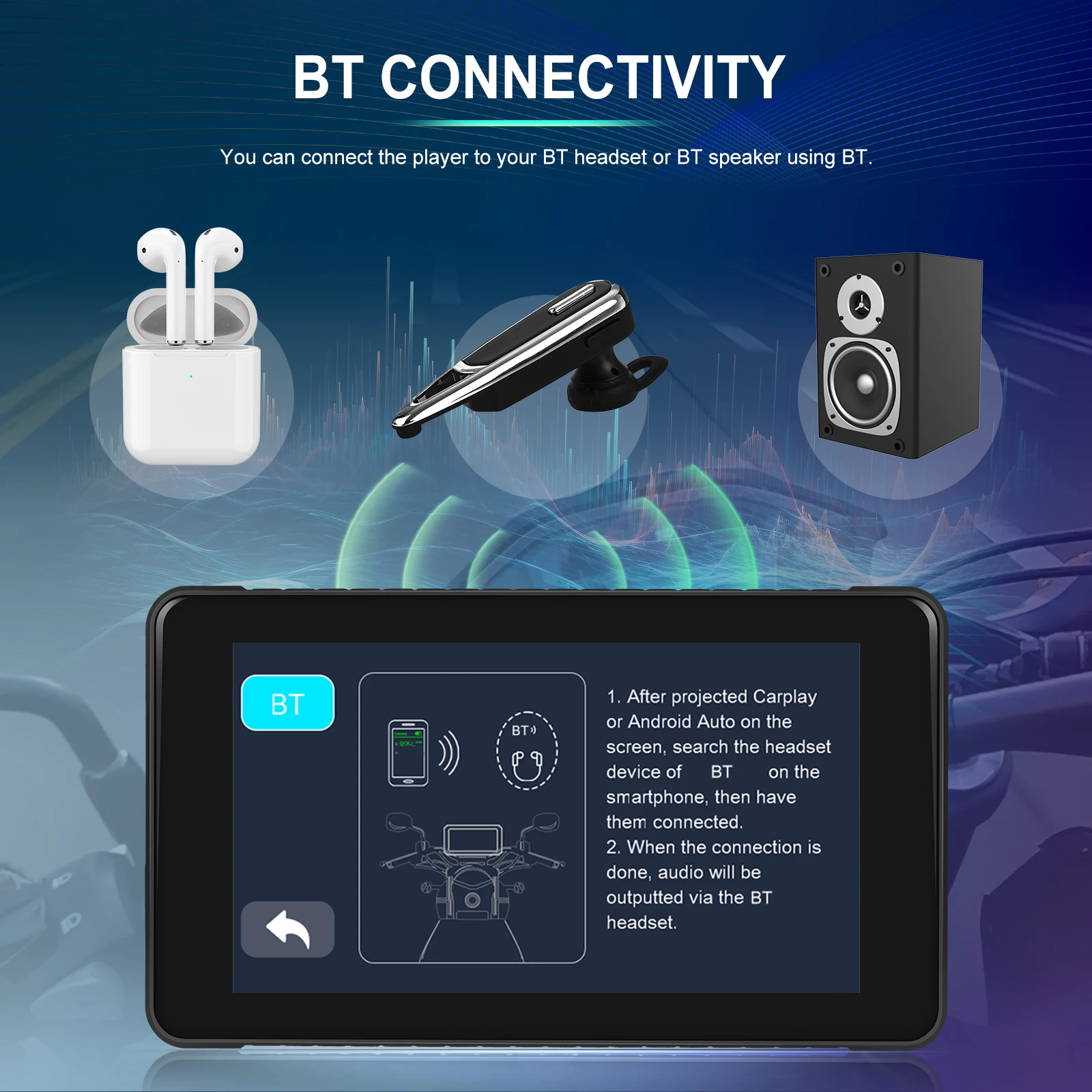 Podofo 5inch Motorcycle Carplay Touch Screen Smart Screen Player Android Auto IP65 Waterproof Bluetooth Type-c Motor Carplay