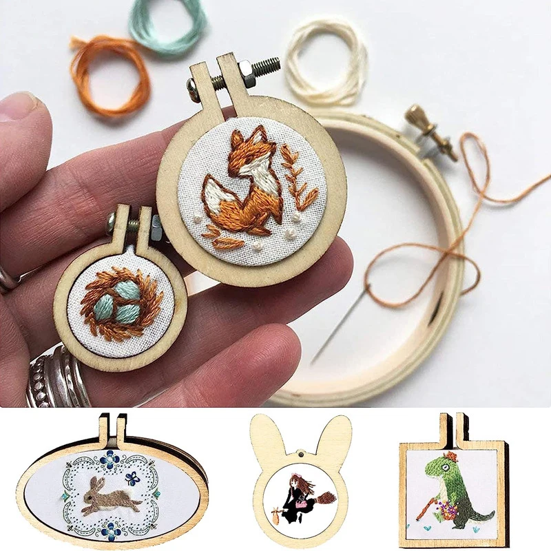 Embroidery Hoop 5pcs Mini Wood Embroidery Hoop Ring Round Pendant Laser Cut Embroidery Frame Tiny Stitching Jewelry Hoop DIY Necklace Crafts