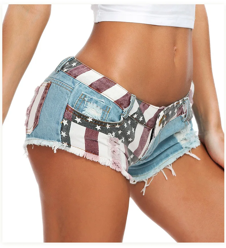 New 2022 Sexy Women's High Waist Hole Jeans Shorts American Flag Printed Daisy Duke Ripped Denim Shorts