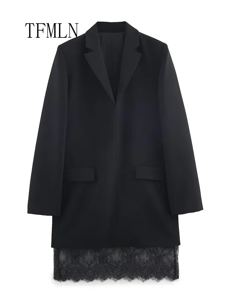 Elegant Lace Patchwork Blazer Dress For Women Chic Causal Notched Long Sleeve Pullover Dress Fashion Office Lady Pockets Dress