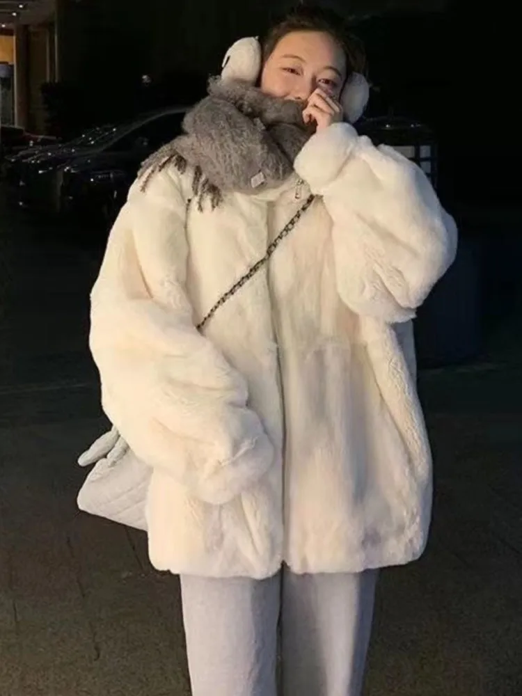 

Elegant Lady Thick Warm Clothes Autumn Winter Outerwears 2023 New Zip Stand Collar Faux Rabbit Fur Coat Women Fluffy Jacket