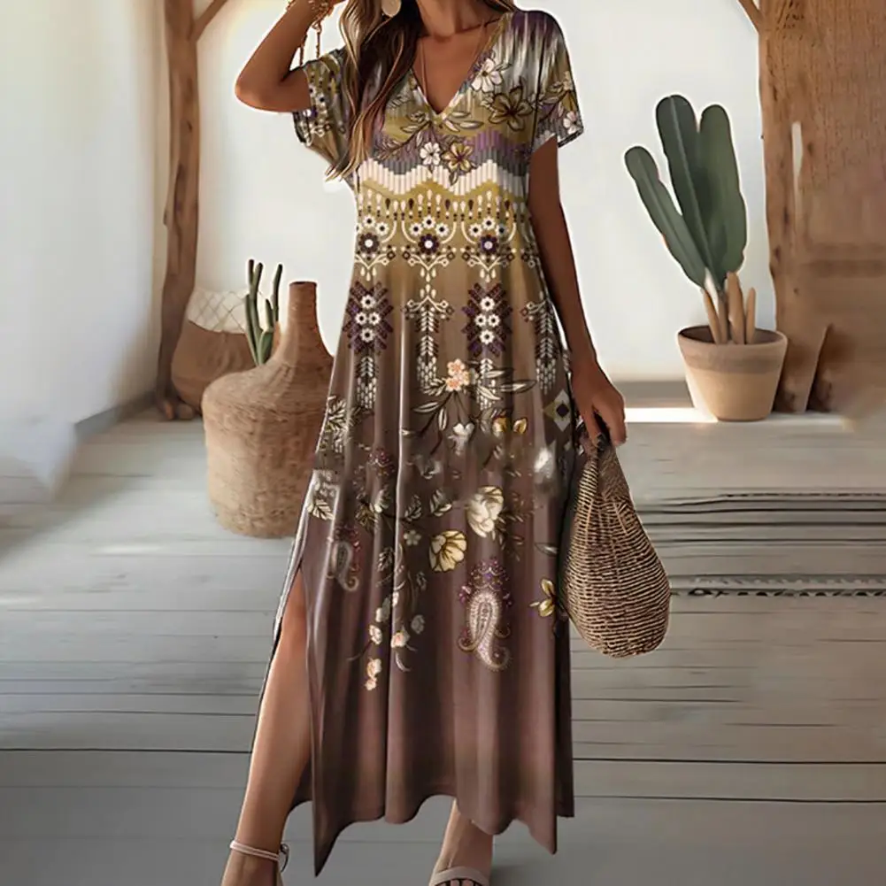 

Everyday Wear Maxi Dress Colorful Print V Neck Maxi Dress for Women Retro Ethnic Style Ankle Length Beach Vacation Dress
