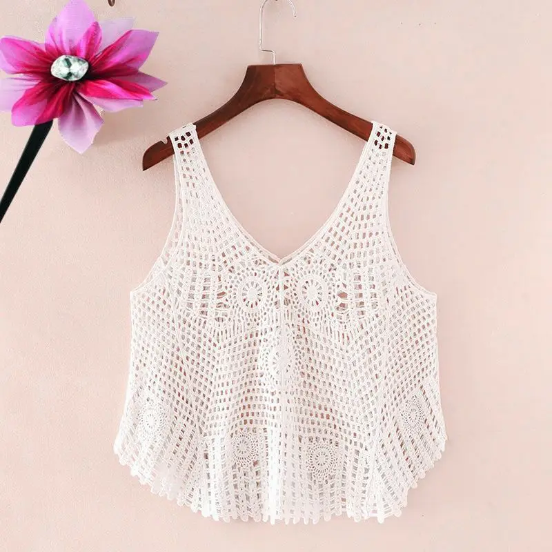 

External Tank Top Women Summer Short Hooked Flower Hollow Sleeveless V-Neck Knitted Canvas Shoulder Vest Pullover Female Tops