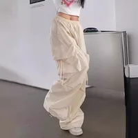 SweatPants Women Vintage Cargo Pants Fashion Elastic Waist Retro Oversized Solid Wide Leg Pant Casual Streetwear Baggy Trousers - Image 5