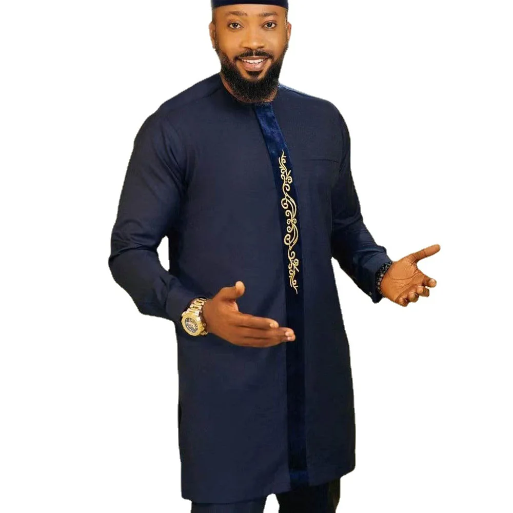 Spring and summer African clothing cotton solid color splicing long sleeve Pullover wedding banquet men's national style shirt