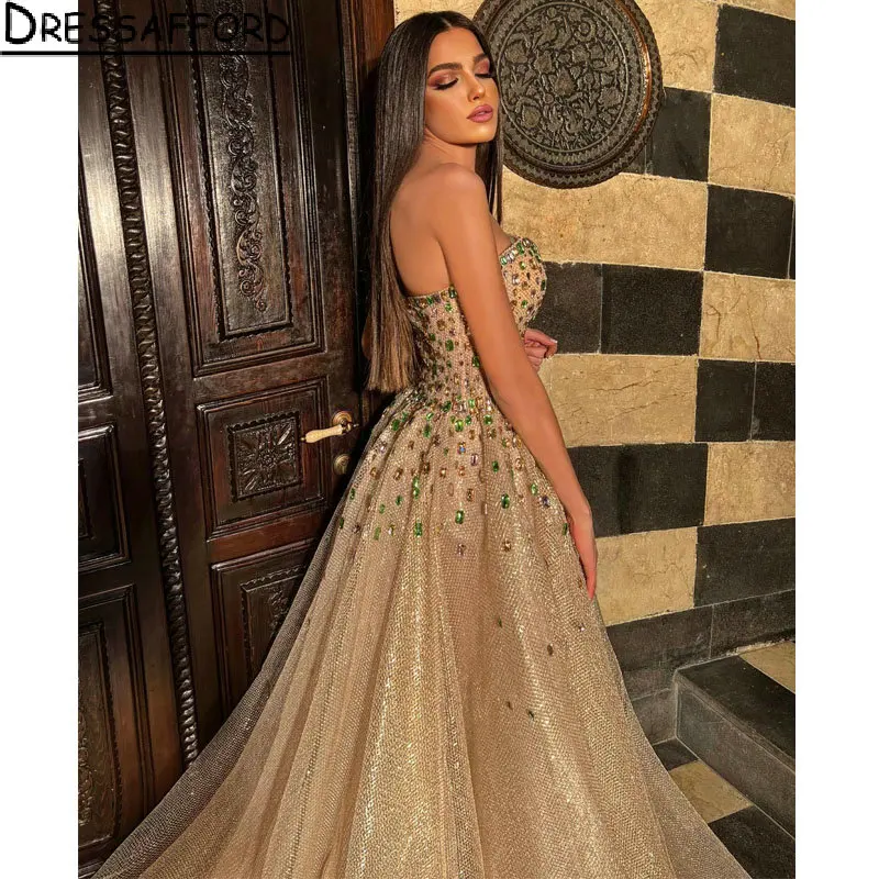 Gold Diamonds Crystal Dubai Avondjurken A-lijn Sweetheart Sleeveless Glitter Kralen Saudi Arabische Formele Party Gown