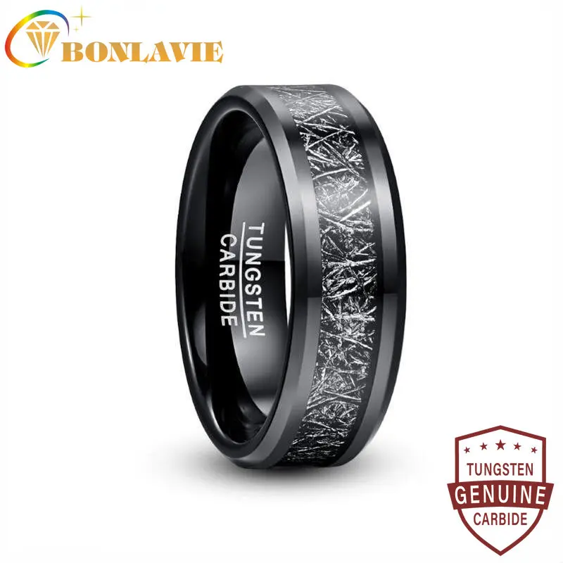 Bonlavie 8Mm Larghezza Anello In Carburo Di Tungsteno Placcato Nero Intarsiato Nero Imitazione Vermiculite Fede Nuziale Anello Di Tungsteno