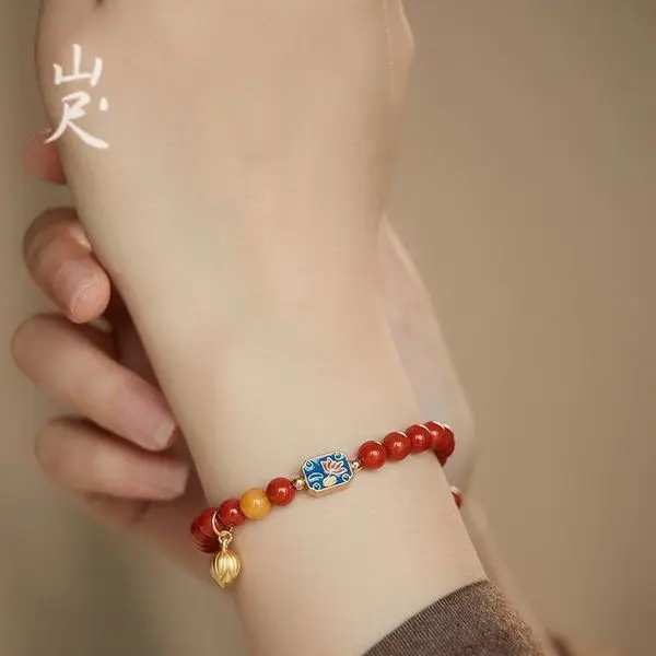 중국 스타일 천연 남쪽 마노 팔찌, 붉은 고대 방법, 불타는 푸른 연꽃 밀랍 구슬, 여성용 빈티지 쥬얼리 탈리스만 