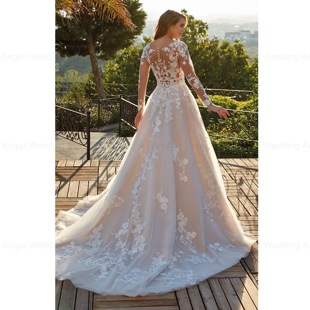 ANGEL Elegant Lace A-line Wedding Dresses Customized Long Sleeves Bride Gowns Applique O-Neck Button Tulle robe de mariée 2
