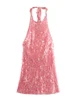 Sexy Sequin Mini Dress Women Loose Fashion Backless Halter A Line Robe Female 2024 Party Evening Chic Lace Up Sleeveless Dresses 1