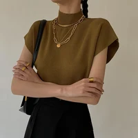 Mode col montant mince femmes tricoté gilet ample solide élégant hauts droits à manches courtes bureau dame t-shirt chemise ample 5