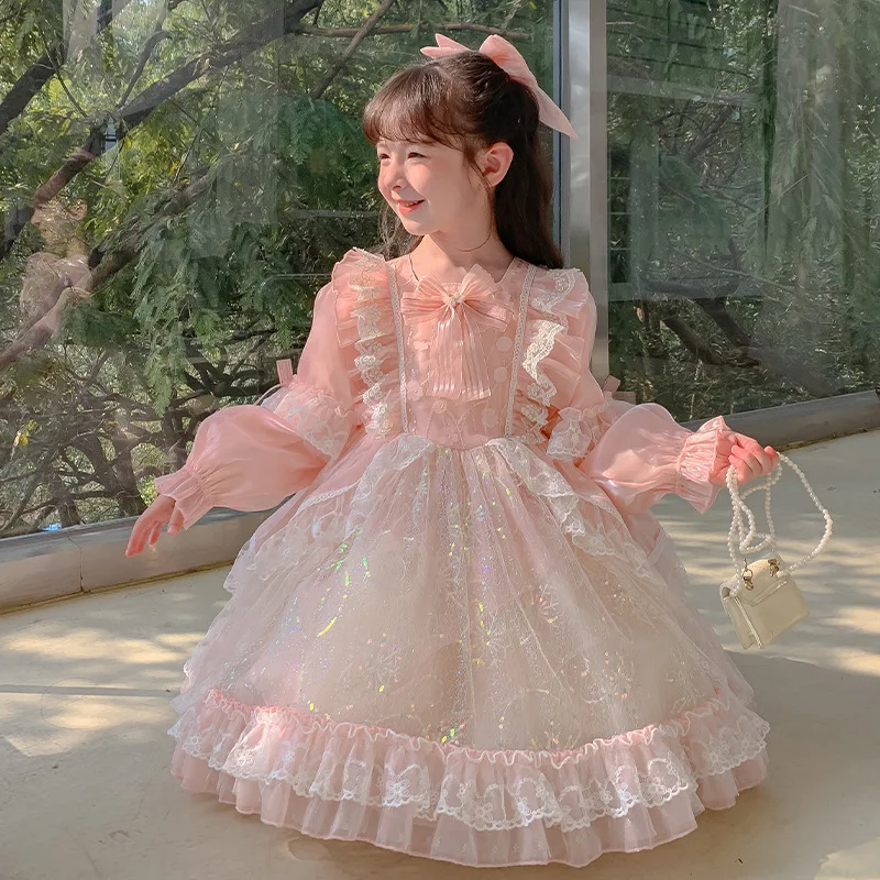 

Платье для девочек, детское осенне-зимнее милое Сетчатое свадебное платье в стиле "Лолита", розовое платье принцессы для дня рождения, женское платье