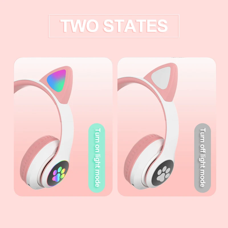 깜빡이는 LED 귀여운 고양이 귀 헤드폰, 마이크 포함 무선 헤드셋, TF FM, 어린이 소녀 스테레오 음악 이어버드, 새끼 고양이 이어폰 선물