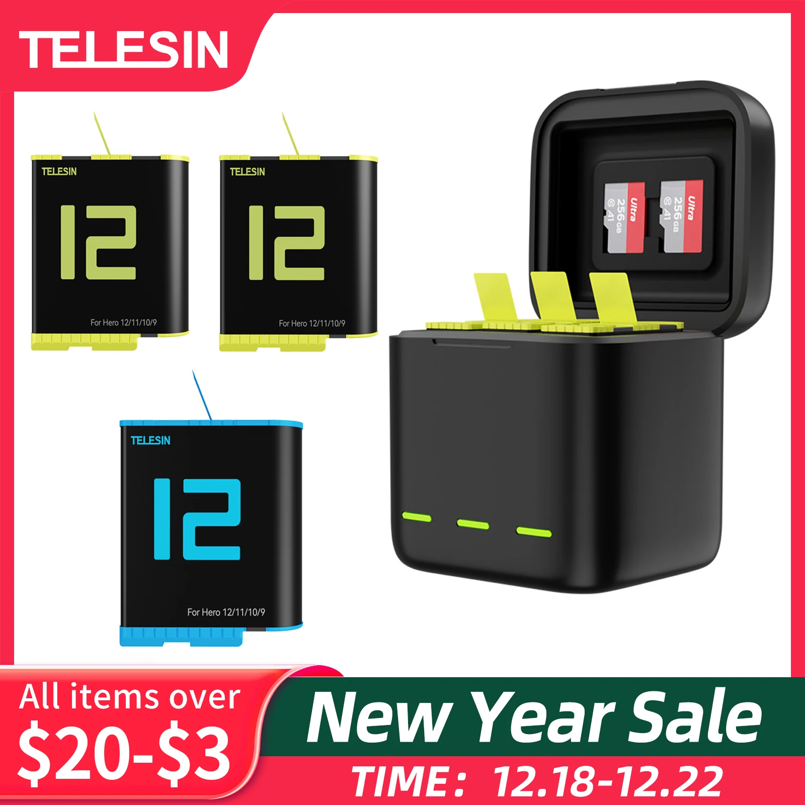 

TELESIN 1750 mAh Battery For GoPro Hero 12 11 10 9 Battery 3 Slots LED Light Charger TF Card Battery Storage Box