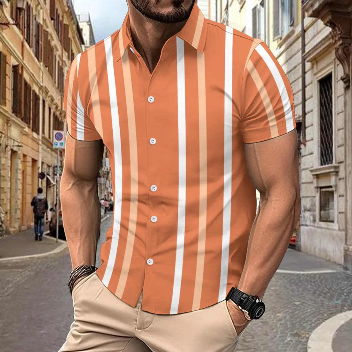 Summer Striped Hawaiian Beach Shirt Men's Casual Fashion Short-sleeved Shirt