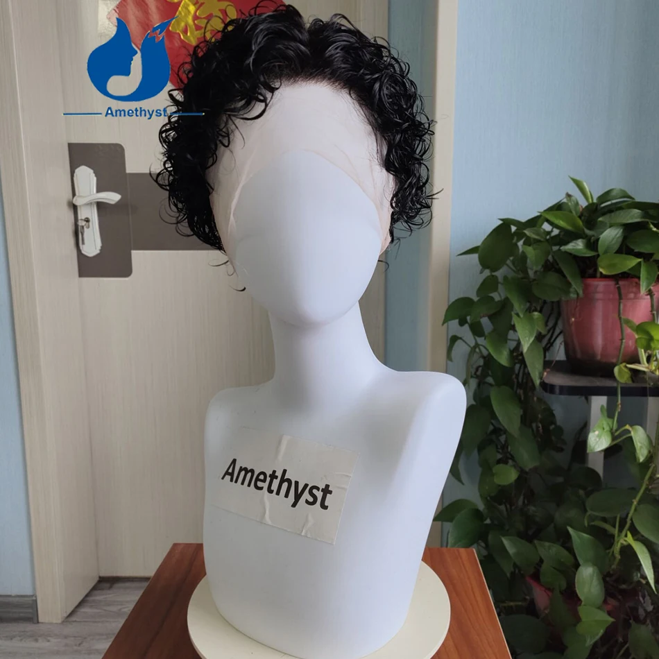 자연스러운 블랙 남성용 웨트 컬리 숏 픽시컷 가발 브라질산 레미 인모 풀 레이..