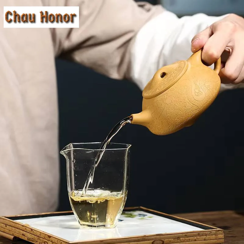 250ml Yixing Raw Ore Golden Section Mud Dragon Pattern Carving Purple Clay Teapot Handmade Household Kung Fu Tea Set Customized