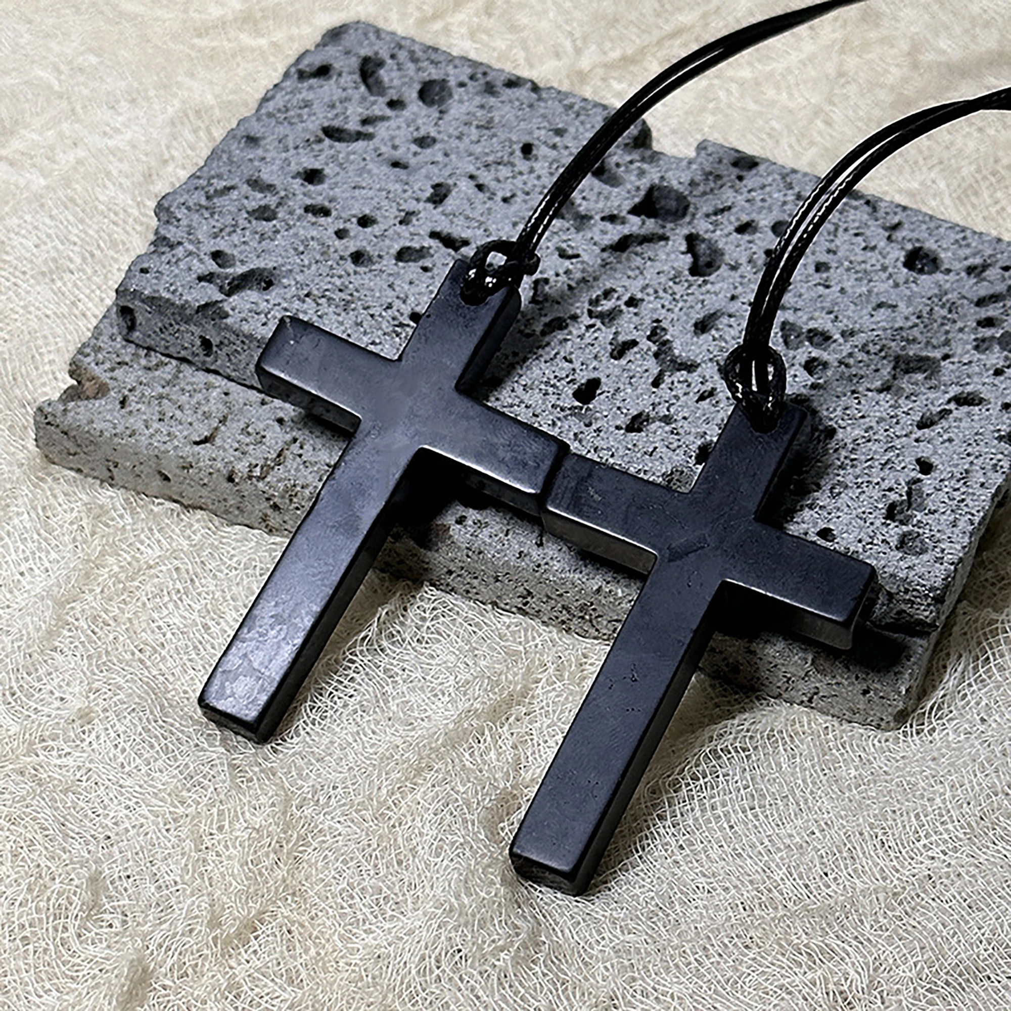 Karelian Heritage Shungite Cross Pendant, Natural Stone Jewelry Accessory for EMF Protection, Real Shungite Black Stone
