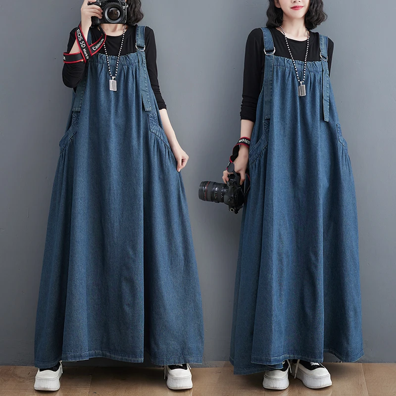 Spring/Summer Autumn Long Dress Retro Loose Slimming Denim Suspender