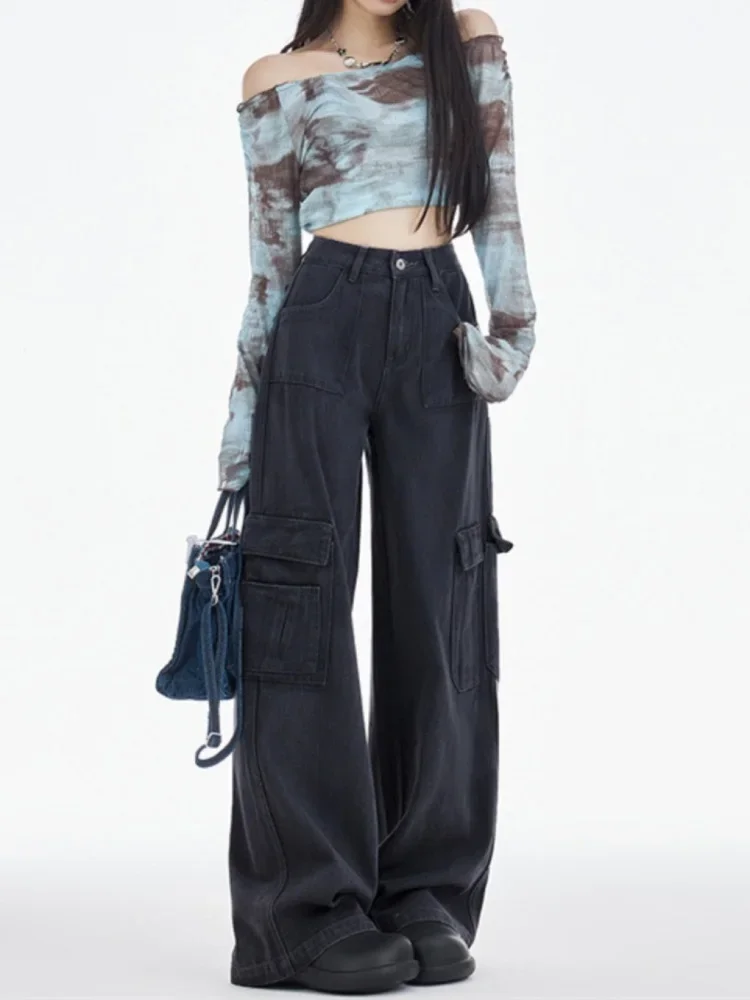 QWEEK Y2K Vintage Black Cargo Pants Women Korean Fashion Retro Beige Wide Leg Trousers Oversized Streetwear Basic Pantalones qweek y2k vintage black baggy jeans women streetwear grunge oversized wide leg denim pants harajuku retro 90s basic trousers