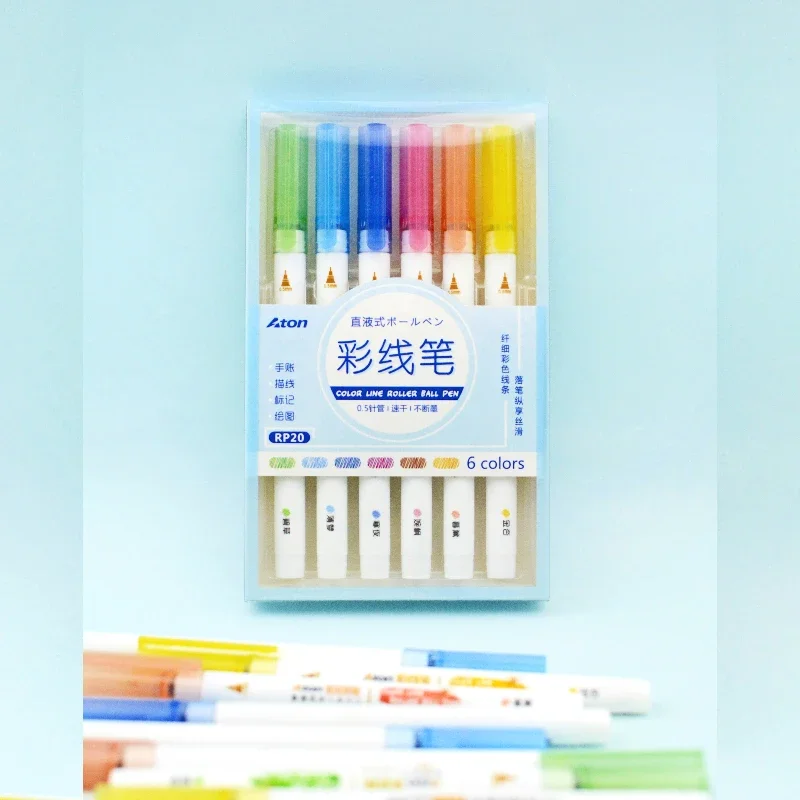 6-color 0.5Needle Tube Straight Liquid Color LinePen Fast Drying Continuous Ink Thin Rod Kawaii Stationery Pink School Supplies