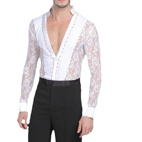 Men Latin Dance Lace Garment Dance Waltz Ballroom Garment Performance Latin Man Shirts Tops