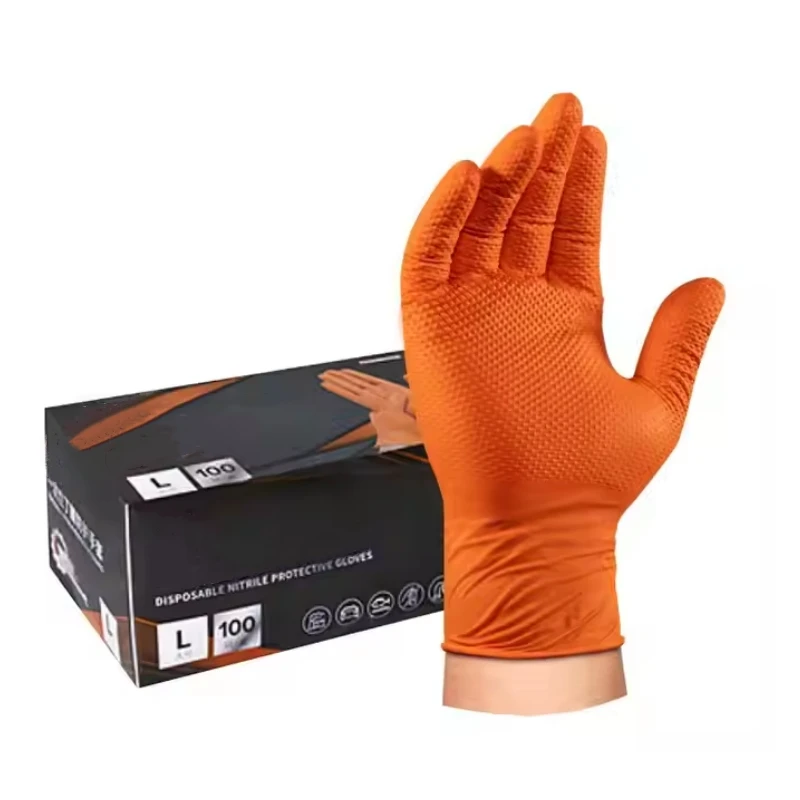 8mil Heavy Duty Industrial Orange Nitrile Gloves Latex Free Diamond Textured Disposable Gloves Mechanic Cleaning Hair Dye