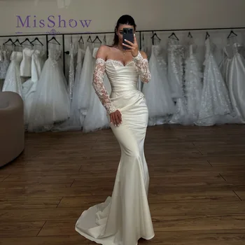 Abito da Sposa Moderno Stile Sirena BM Bridal per Donne, in Raso con Pieghe e Applicazioni in Pizzo, Vestiti da Sposa Personalizzabili