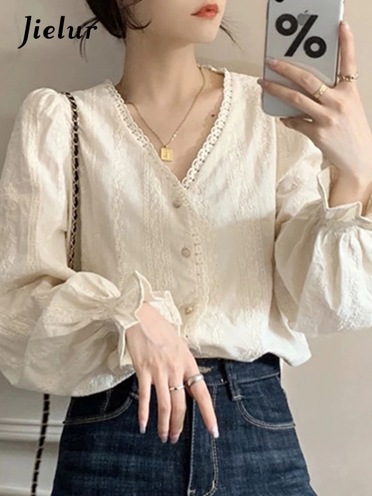 

Jielur Рубашка женская кружевная однобортная с V-образным вырезом и рукавами-фонариками