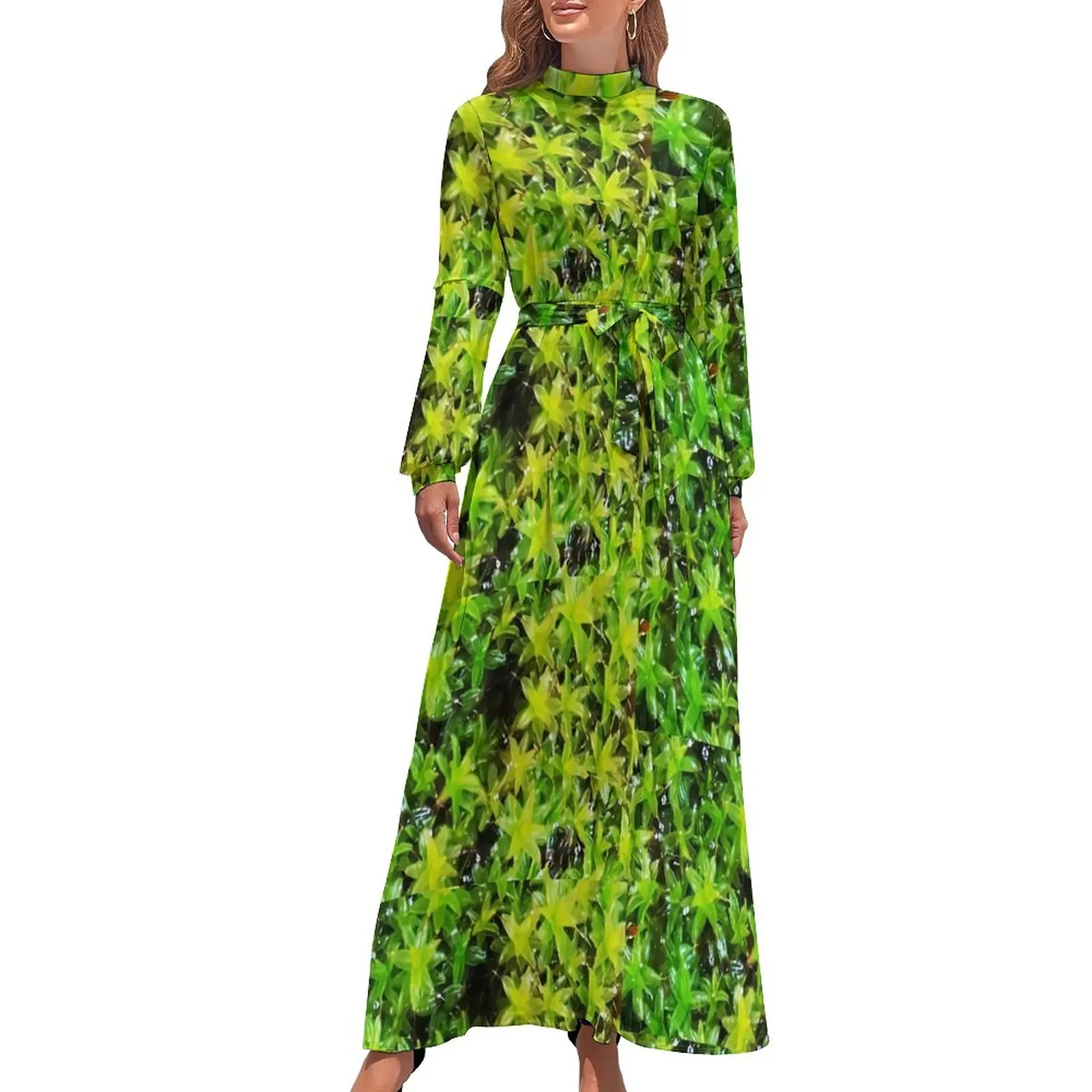 

Green Moss Dress High Waist Green Leaves Print Printed Bohemia Dresses Long Sleeve Street Wear Long Maxi Dress Sexy Vestido