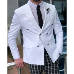 Luxury Tailor Double Breasted Men Suits Peak Lapel Flat Regular Length White Blazer Black Plaid Pants 2 Piece Slim Fit Prom Sets