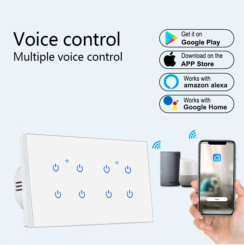 

UBARO EU Smart House Wifi Touch Switch Glass Panel Work With Google Home Alexa Voice Tuya Smart Life App Remote 8 Gang 220V 10A