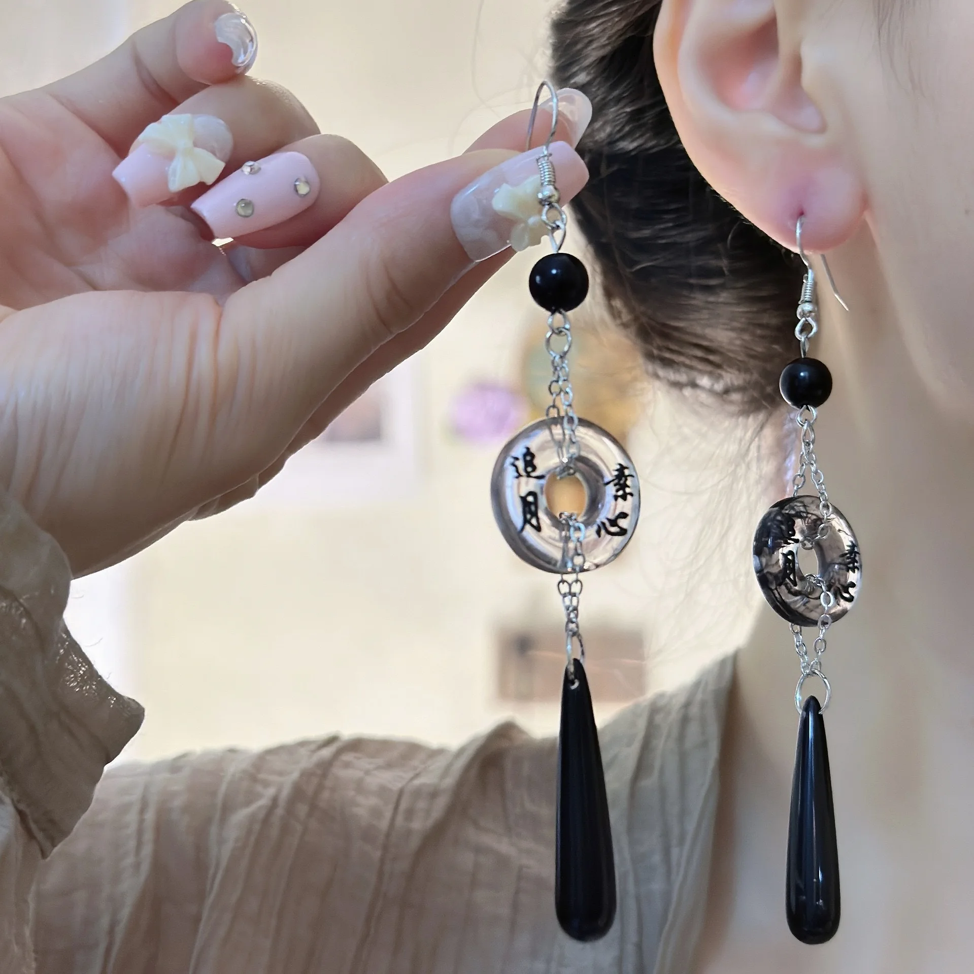 Dangle Earrings Chinese Style Lotus Fan Shell Pendent Tassel for Women