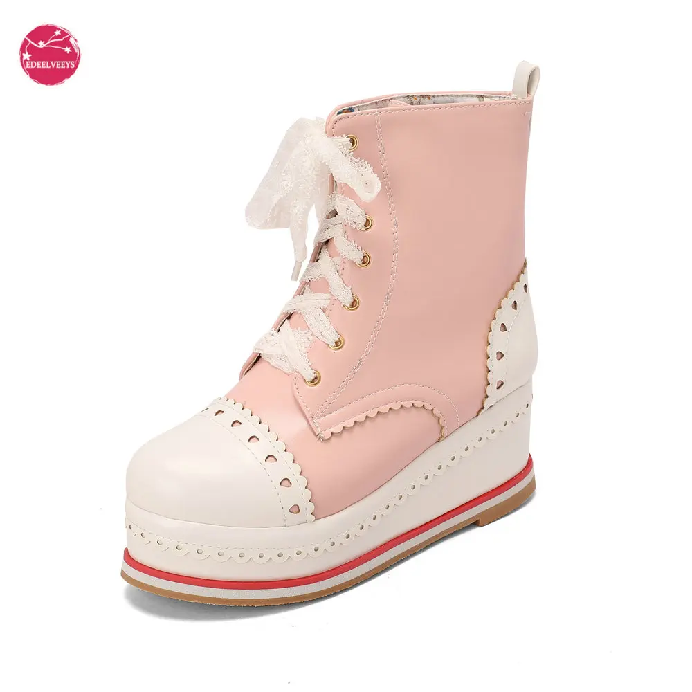 

ABDL Anime Convention Women's Sweet Cute Lolita Platform Wedge Ankle Boots Lace Up Thick Sole Round Toe Booties Kawaii Shoes