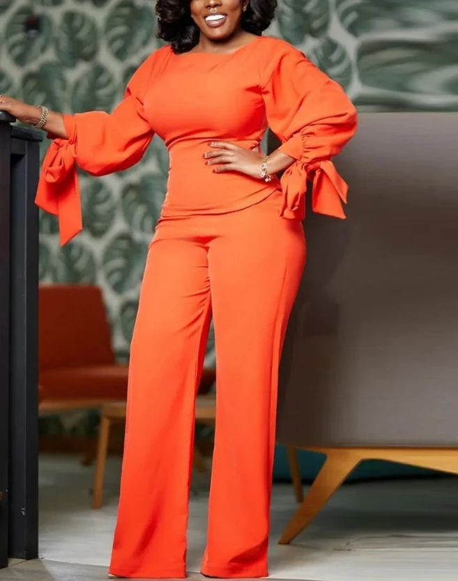 

Elegant Womens Two Piece Sets Outfit Lantern Sleeve Tied Detail Top & Pants Set 2023 Autumn Winter Spring New Fashion Casual
