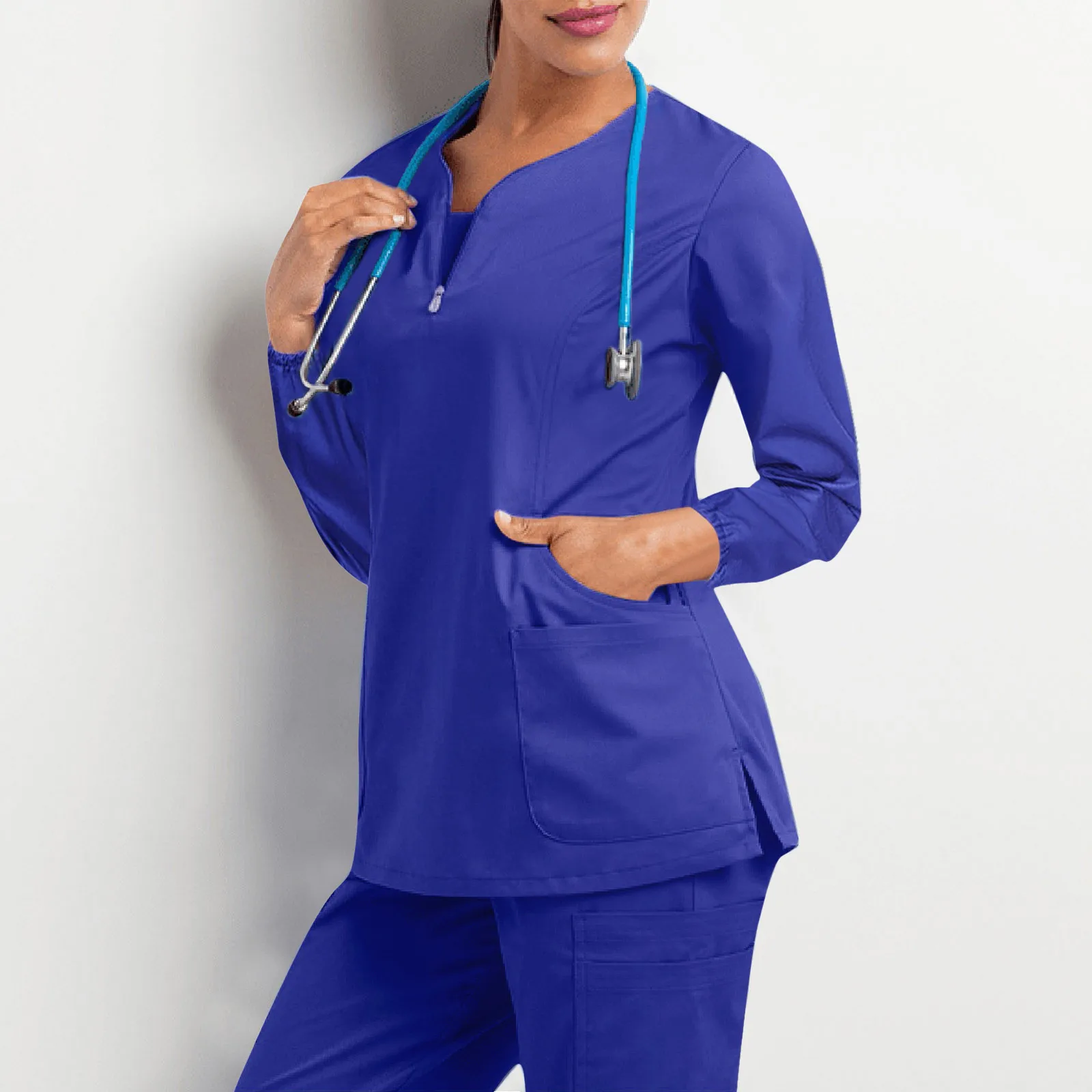 

Women's Nursing Working Uniform Clothes Solid Colour Long Sleeve Nurse Uniform V Neck Tops Working T Shirt With Pockets