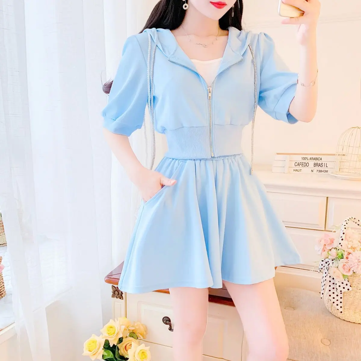 

New Style Woman Two-Piece Women's Sportswear Suit Female Loose Sports Solid Color Pullover Suit Hooded Short Skirt Suits G71
