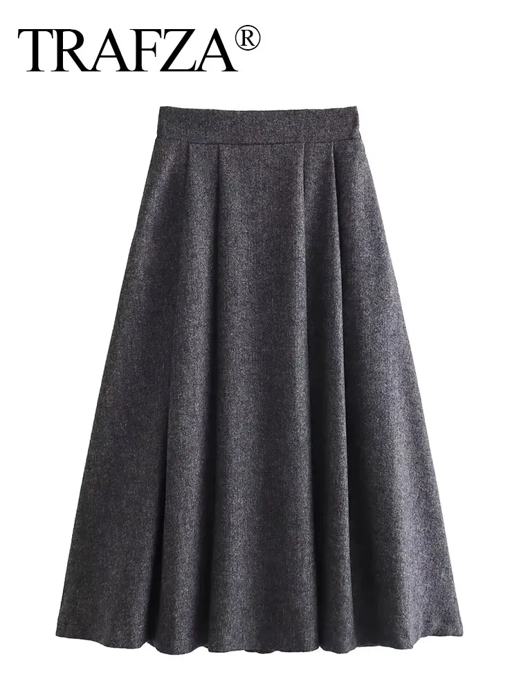 

TRAFZA 2023 Autumn Women Fashion Skirts Solid A Line Loose Long Skirt Woman With Folds Versatile Minimalism Style Female Skirt