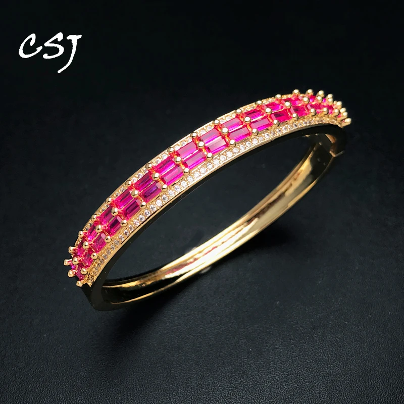 

Trendy Ruby Bangle Created Red Corundum Sapphire Emerald Gemstone Bracelet Yellow Gold for Women Party Birthday Jewelry Gift