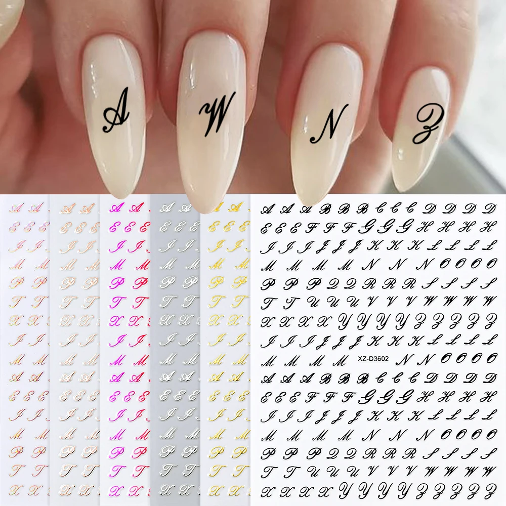 1pc 골드 실버 영어 편지 네일 스티커 블랙 레이저 3D 알파벳 자기 접착 데칼 영어 단어 DIY 슬라이더 매니큐어 장식