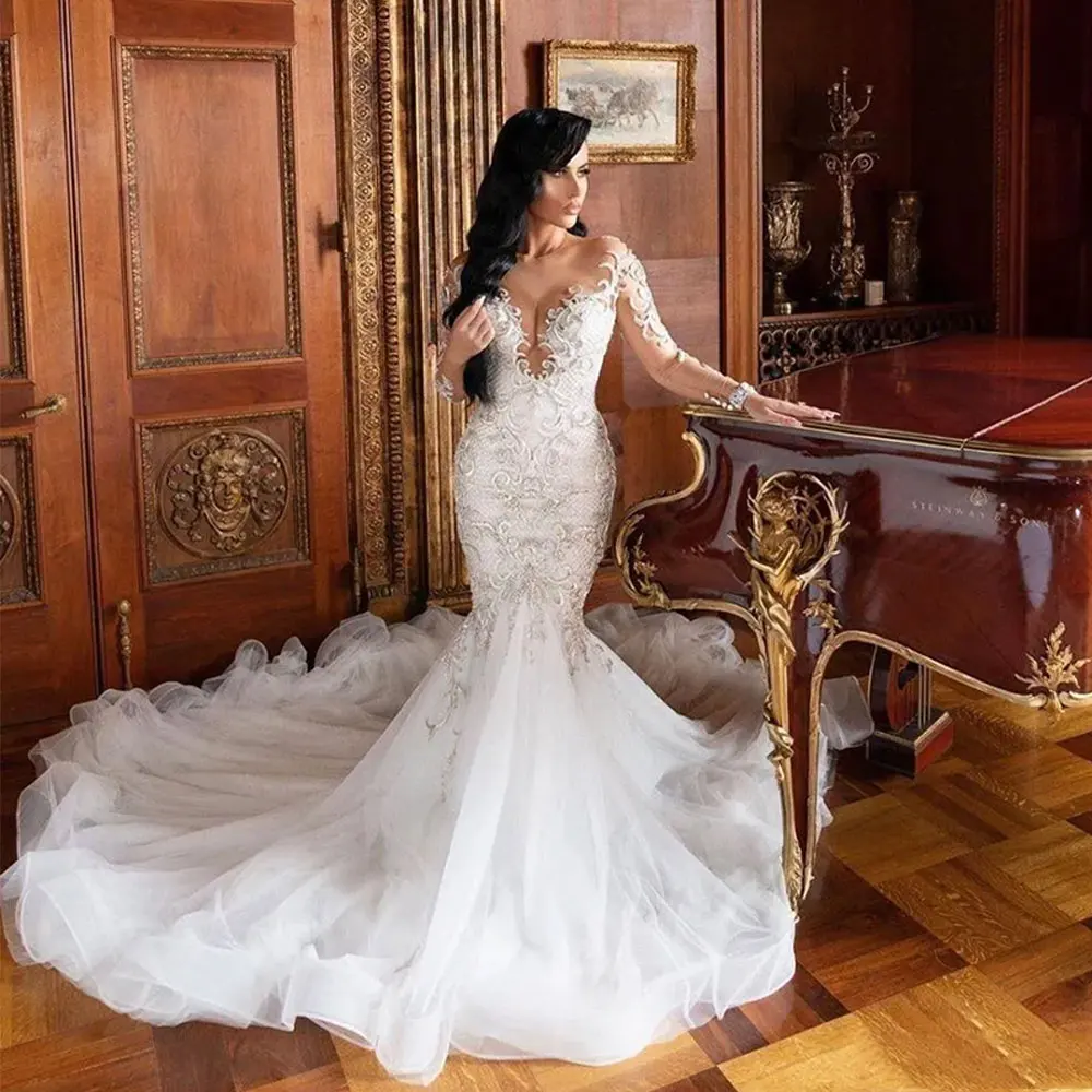 

Arabic Mermaid Wedding Dresses Dubai Sparkly Crystals Long Sleeves Bridal Gowns Court Train Tulle Skirt Robes De Mariée
