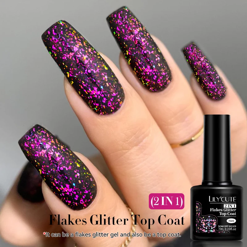 LILYCUTE 7ml Glitter Top Coat Gel Soak Off Semi Permanent UV Gel 2 In 1 Chameleon Flakes Powder Nail Art Gel Varnishes Manicure