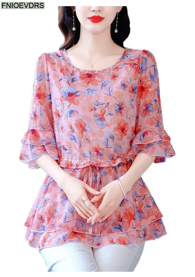 S-4XL Loose Clothes 2023 Women Summer Slim Waist Drawstring Ruffles Shirts Casual Chiffon Floral Tunic Peplum Tops And Blouses