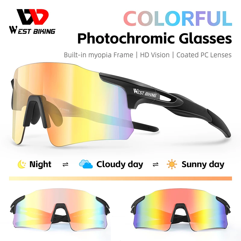 

WEST BIKING Photochromic Cycling Glasses Colorful Lightweight Riding Sport Eyewear With Myopia Frame Sunglasses Bike Goggles